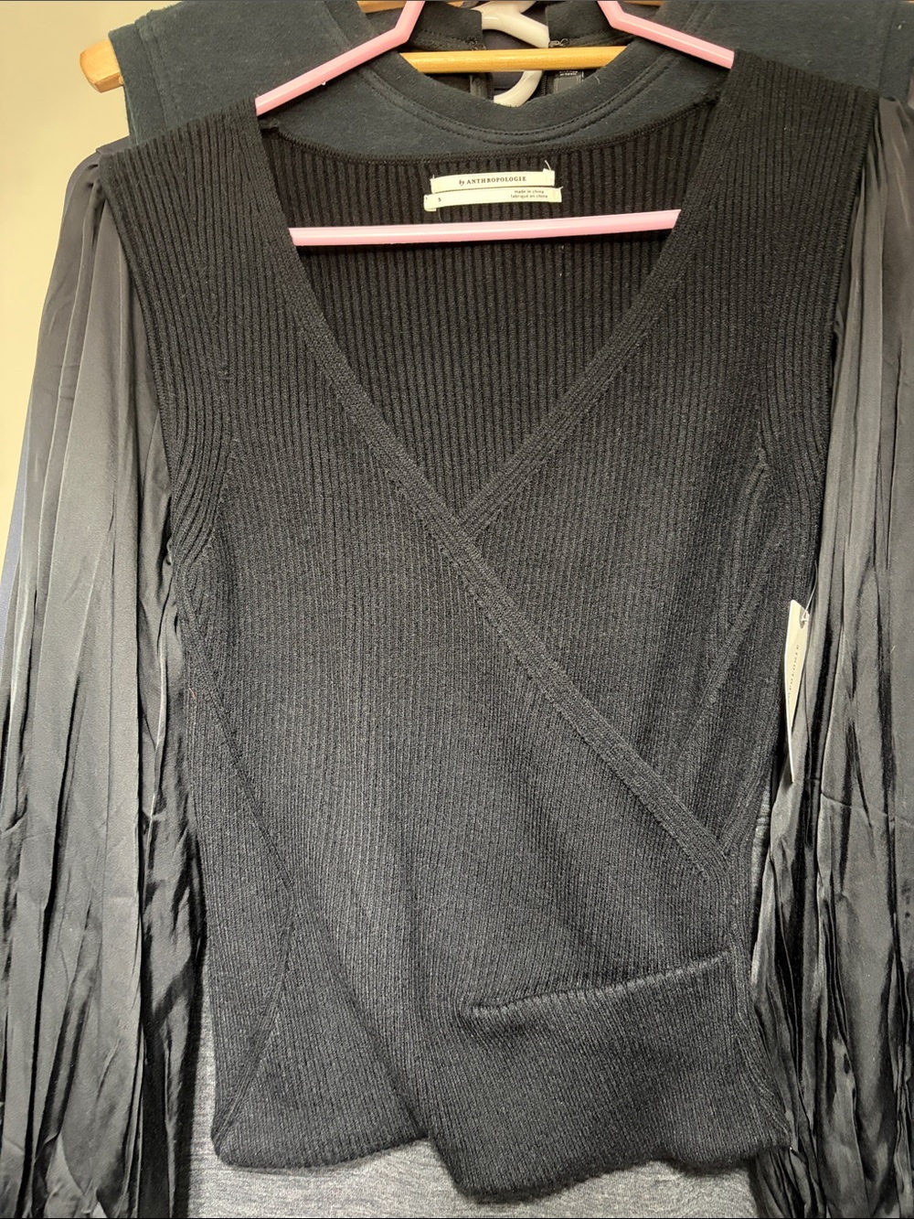 Anthropologie Black Ribbed V-Neck Wrap Pullover